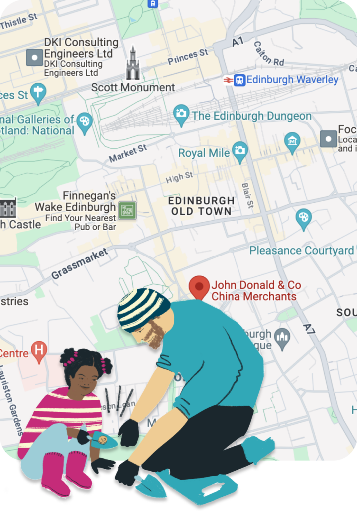 People ooutdoors examining an archelogical dig site,, there is a background it is a map of Edinburgh showing the location of the new Heritage Hub