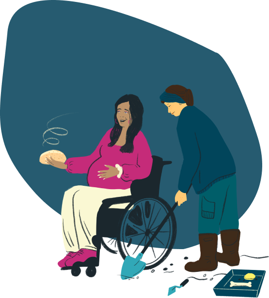 Two womed, one is digging with a spade the other is in a wheelchair, she is holding a hot snack, she is holding her pregnant belly
